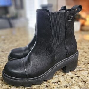 Sorel Joan Now Black Leather Chelsea Booties - Women's Chunky Sole